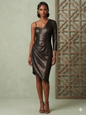 Aiden Asymmetric One-Shoulder Metallic Black Cocktail Dress